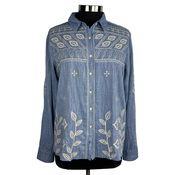 Johnny Was Tops - JOHNNY WAS EMBROIDERED COTTON BUTTON DOWN SHIRT